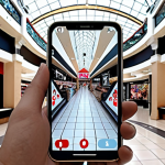 **AR Navigation in a Shopping Mall:** A smartphone screen showing a shopping mall interior with AR overlays, guiding a user to a specific store with virtual arrows and displaying store information.