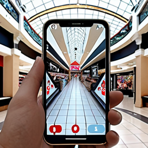 **AR Navigation in a Shopping Mall:** A smartphone screen showing a shopping mall interior with AR overlays, guiding a user to a specific store with virtual arrows and displaying store information.