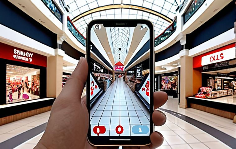 **AR Navigation in a Shopping Mall:** A smartphone screen showing a shopping mall interior with AR overlays, guiding a user to a specific store with virtual arrows and displaying store information.
