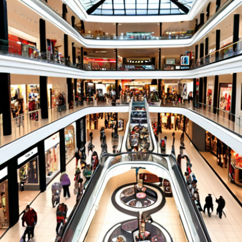 A bustling indoor shopping mall with AR navigation, guiding shoppers to personalized deals and product locations, showcasing a seamless blend of physical and digital retail experiences.