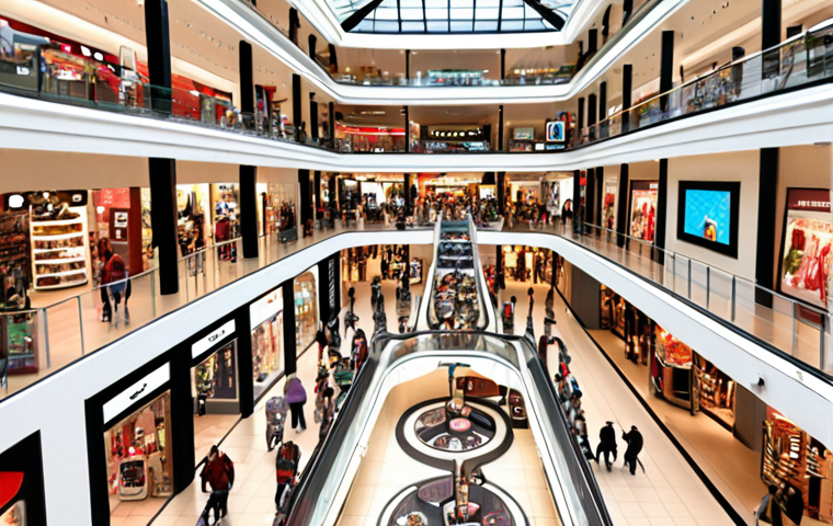 A bustling indoor shopping mall with AR navigation, guiding shoppers to personalized deals and product locations, showcasing a seamless blend of physical and digital retail experiences.